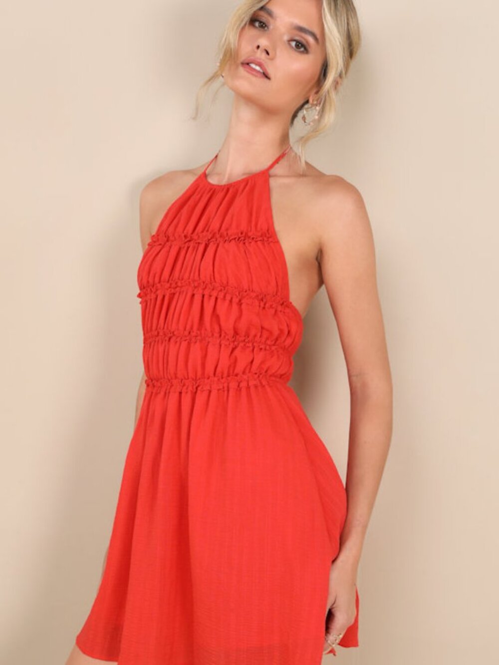 Kallina Red Orange Ruffled Halter Neck Mini Dress